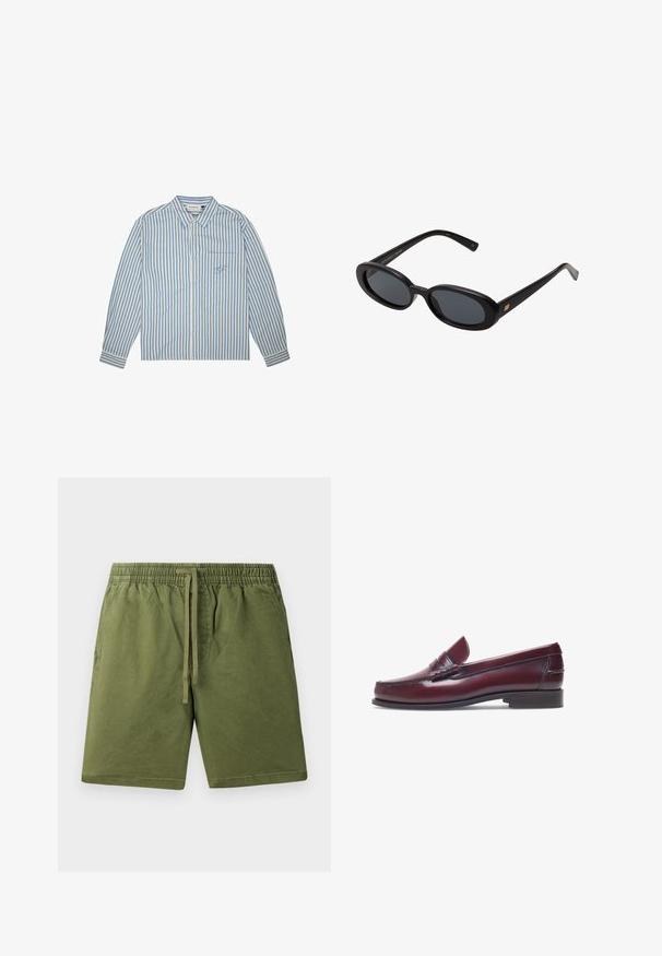 Streepjesshirt in lichtblauw en wit, met knoopsluiting, lange mouwen en een borstzak met een geborduurd logo. Katoenen stof.; Khaki groene shorts van zacht katoen, met een elastische tailleband en een koord, en zijzakken. Glad textuur, casual ontwerp.; Bordeaux leren instapper met een ronde neus, gestikte details en een kleine decoratieve accent op de schacht. Platte, contrasterende zool.; Zwarte oversized zonnebril met ovale lenzen, een glad plastic montuur en gouden accenten op de pootjes. Donkere lenzen bieden bescherming tegen de zon.