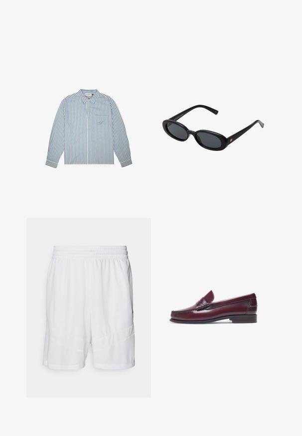 Gestreifte Bluse in Hellblau und Weiß, mit Knopfverschluss, langen Ärmeln und einer Brusttasche mit einem gestickten Logo. Baumwollstoff.; Weiße Sportshorts aus strukturiertem, atmungsaktivem Mesh-Gewebe. Mit einem elastischen Bund und schichtweisen Design-Akzenten.; Burgunderfarbene Lederloafer mit abgerundeter Zehenform, gestickten Details und einem kleinen dekorativen Akzent auf dem Blatt. Flache, kontrastierende Sohle.; Schwarze, oversized Sonnenbrillen mit ovalen Gläsern, glattem Kunststoffrahmen und goldenen Akzenten an den Bügeln. Die dunklen Gläser bieten Sonnenschutz.