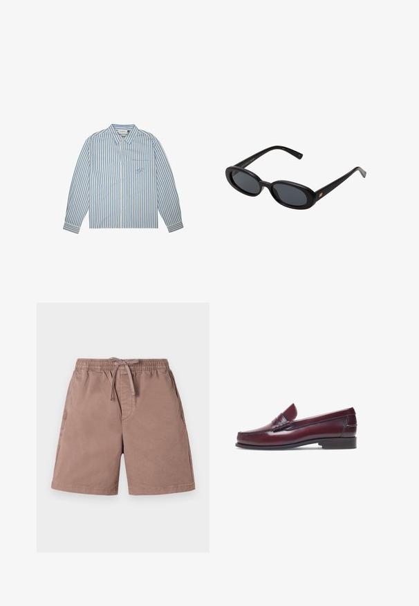 Striped shirt in light blue and white, button-up design, long sleeves, and a chest pocket with an embroidered logo. Cotton fabric.; Light brown shorts made of soft fabric with an elastic waistband and drawstring. Features side pockets and a relaxed fit design.; Burgundy leather loafer with a rounded toe, stitched detailing, and a small decorative accent on the vamp. Flat, contrasting sole.; Black oversized sunglasses with oval lenses, smooth plastic frame, and gold accents on temple. Dark lenses provide sun protection.