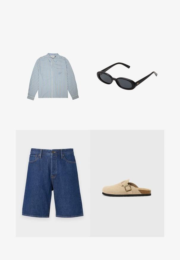 Prugasta košulja u svijetlo plavoj i bijeloj boji, s dugim rukavima, dugmadi sprijeda i džepom na prsima s izvezenim logotipom. Pamuk.; Jack & Jones JJIALEX JJORIGINAL - Kratke hlače od trapera - blue denim; Bež semisoft cipele s otvorenom petom, s plutenom unutrašnjosti, zaobljenim nožnim prstom i jednostavnom trakom sa zlatnim kopčanjem. Gumeni potplat za bolji grip.; Crne velike sunčane naočale s ovalnim staklima, glatkim plastičnim okvirom i zlatnim detaljima na sljepočnicama. Tamna stakla pružaju zaštitu od sunca.