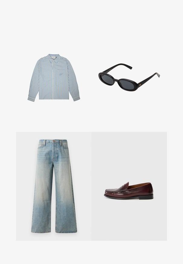 Camisa a rayas en azul claro y blanco, diseño de botones, mangas largas y un bolsillo en el pecho con un logo bordado. Tejido de algodón.; Vaqueros de mezclilla de pernera ancha en un azul claro. Presentan una cintura alta, cierre de botón y un ligero desgastado, con una textura suave y costuras cosidas.; Mocasines de cuero burdeos con un diseño de mocasín cosido, tacón bajo y acabado suave. Con un estilo de calzado deslizante para un uso fácil.; Gafas de sol grandes de color negro con lentes ovalados, montura de plástico suave y detalles dorados en las patillas. Los lentes oscuros ofrecen protección solar.