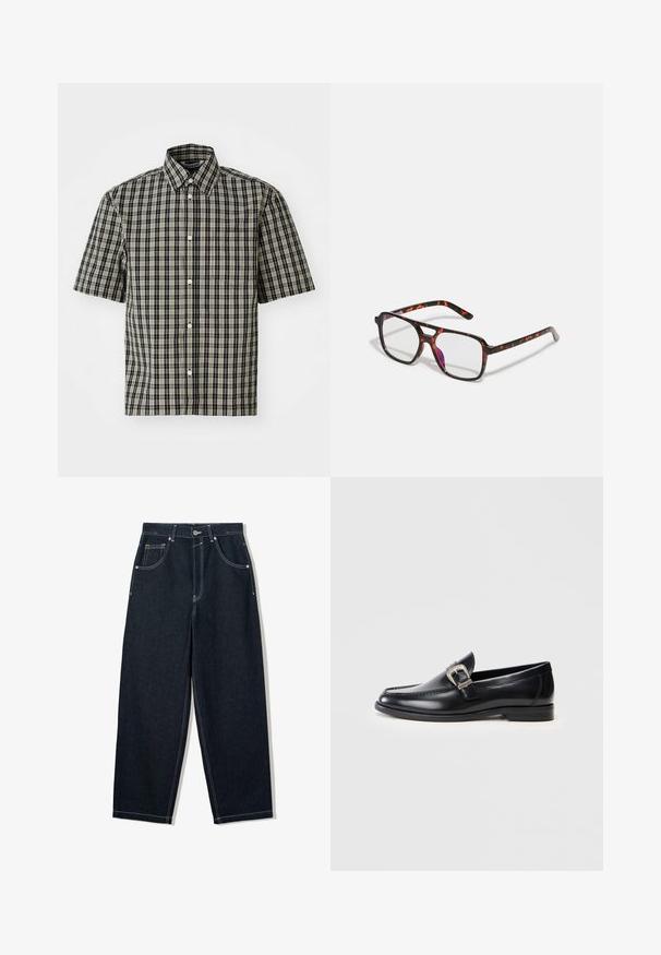 Fekete és bézs kockás vászon rövid ujjú ing, amely gombos gallérral és bal oldali mellzsebbel rendelkezik. Klasszikus kockás minta az egész ing felületén.; Széles szárú, sötét farmernadrág kontrasztos fehér varrással, öt zsebbel és gombos záródással. Magas derék kialakítás jellemzi.; Fekete bőr mokaszin cipők kerek orral, részletes varrással, ezüstcsattal és alacsony sarokkal. Simább textúrájú, fényes felülettel.; Technikai zselé mintázatú, téglalap alakú lencsékkel rendelkező szemüveg, fekete és narancssárga kerettel, fényes felülettel és vékony szárakkal.
