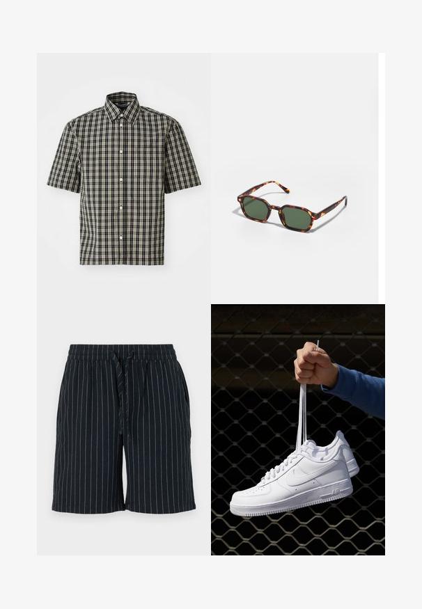 Camicia a maniche corte in cotone a quadri neri e beige, con colletto button-down e taschino sul lato sinistro del petto. Classico motivo a quadretti su tutta la superficie.; Pantaloni corti blu scuro con strisce verticali chiare, cintura elastica, chiusura con lacci e tasche laterali. Realizzati in un tessuto leggero.; Sneakers in pelle bianca con perforazioni, punta rotonda, suola piatta e lacci spessi, con logo swoosh visibile e "AIR" sul tallone.; Occhiali da sole tartarugati con lenti verdi, dotati di una forma ottagonale e bracci sottili e curvi. Il materiale ha una finitura lucida.