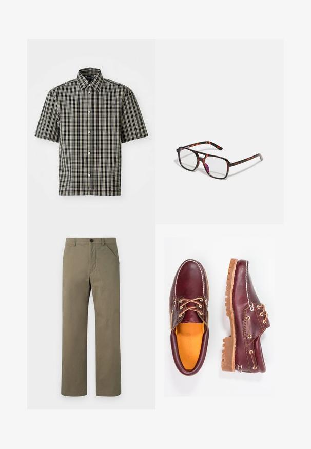 Kortärmad skjorta i svart och beige rutig bomull, med krage som knäpps och en bröstficka på vänster sida. Klassisk rutmönster genom hela.; Ljust olivgröna byxor i slitet och hållbart tyg. Har en knapp- och dragkedjestängning, sidofickor och en rak bendesign.; Burgundy läderskor med bruna gummisulor, rund tå, vit söm och gyllene öljetter. Inredningen har en gul foder.; Sköldpaddsfläckiga glasögon med rektangulära linser, svarta och orange bågar, med en blank yta och smala skalmar.