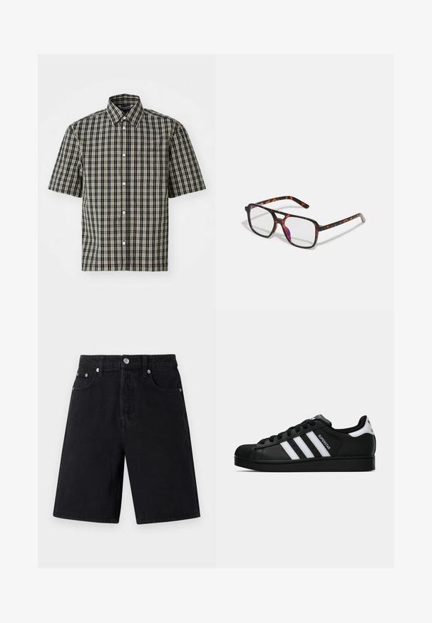 Košulja kratkih rukava u crnoj i bež kariranoj pamučnoj tkanini, s rasklopivim ovratnikom i džepom na lijevoj strani grudi. Klasičan karirani uzorak kroz cijelu košulju.; Crne traper kratke hlače ravnog kroja. Značajke uključuju zatvarač, pet džepova, srebrne detalje i suptilan teksturirani finiš.; Crne Adidas Superstar tenisice s bijelim prugama, konusom na vrhu i natpisom "Superstar" sa strane, prikazane u bočnom profilu na bijeloj pozadini.; Naočale s uzorkom kornjače, pravokutnih leća, okvirima crne i narančaste boje, s glatkim završetkom i tankim ručkama.