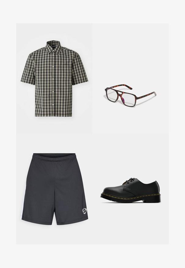 Lühikeste varrukatega särk musta ja beeži ruudulise puuvilla kombinatsioonis, millel on nööbid alla ja vasakul rinnal tasku. Klassikaline ruuduline muster kogu särgi ulatuses.; Mustad spordipüksid elastse vöökohaga, millel on valge küljeriba ja väike valge Nike logo alumisel vasakul säärel.; Mustad mustadest nahast jalatsid ümarate varvastega, seotud disainiga, kollase õmblusega äärel ja paksu musta kummist tallaga, et tagada haakumine.; Soojuspruuni mustrikaga prillid, millel on ristkülikukujulised läätsed, mustad ja oranžid rauad, millel on läikiv viimistlus ja saledad päised.