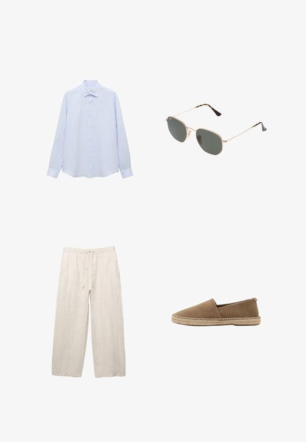 Svetlo modra srajca z dolgimi rokavi in gumbi, izdelana iz teksturirane tkanine. Ima klasičen ovratnik in raven kroj z rahlo zaobljenim robom.; Lanene hlače v svetlo bež barvi, z elastičnim pasom in vrvico, širokimi nogavicami in stranskimi žepi. Gladka tekstura.; Rjavi semiš natikač s šiljastim nosom, ki ima pleteno juto podplat in majhen zadnji peto za oporo. Gladka tekstura in minimalističen dizajn.; Sončna očala z zlatim kovinskim okvirjem in temno zelenimi lečami, aviatorskega sloga, z vitekimi ročaji in želvovim vzorcem na konicah.