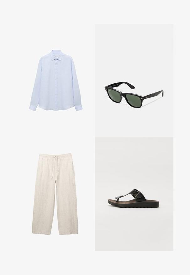 Svetle modrá košile s dlouhým rukávem na knoflíky vyrobená z texturované tkaniny. Má klasický límec a rovný střih se mírně zaobleným lemem.; Lněné kalhoty v světle béžové barvě, s elastickým pasem a šňůrkou na stažení, širokým nohavicím a bočními kapsami. Hladká textura.; Černé tanga sandály s texturovanou hnědou podešví, zdobené přezkou a flexibilní černou gumovou podrážkou.; Černé plastové sluneční brýle se zelenými skly, čtvercové obroučky, stříbrný detail na obočí a texturované stranice. Značka uvedená na vnitřní straně stranic.; Plátěná taška v krémové barvě, s krátkými uchy a potištěným textem "LES DEUX" tučnými černými písmeny. Odolný, jednoduchý design.