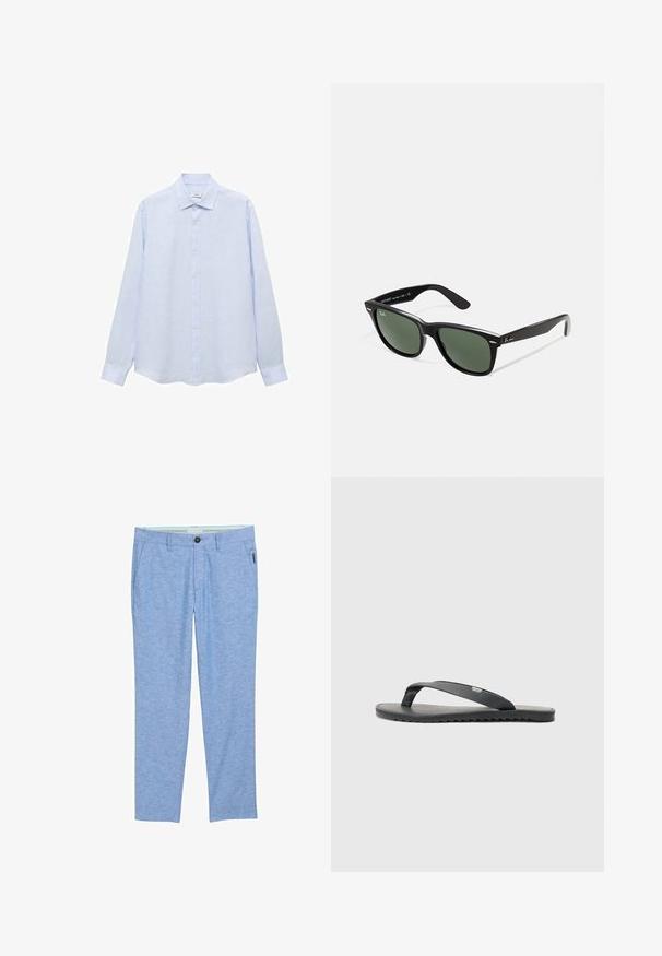 Chemise à manches longues bleu clair à boutons, fabriquée dans un tissu texturé. Présente un col classique et une coupe droite avec un ourlet légèrement arrondi.; Chinos bleu clair texturés en tissu avec un subtil motif chiné. Comprend des poches avant, une poche arrière unique et une fermeture à bouton.; Tongs noires avec des brides texturées, semelle plate et bord cranté. Fabriquées en caoutchouc avec une finition lisse et un design minimaliste.; Lunettes de soleil en plastique noir avec verres verts, monture carrée, accent argenté sur le sourcil et branches texturées. Marque indiquée sur l'intérieur de la branche.; Montre avec bracelet en cuir noir et cadran rond noir. Présente des index et des aiguilles argentés, avec un boîtier en métal poli et une couronne.; Collier en argent avec un pendentif rectangulaire, présentant une surface texturée. Chaîne ajustable avec de petits maillons ronds et un accent en forme d'étiquette.