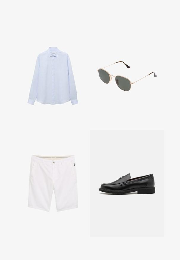 Lysblå langærmet skjorte med knapper lavet af et tekstureret stof. Har en klassisk krave og en lige pasform med en let afrundet kant.; Hvide shorts med lynlås og knappelukning, to side lommer, samt et tekstureret stof med diskrete syninger.; Sorte syntetiske loafers med en fremtrædende syet front, polstret indersål og flad gummiydersål; slankt design med minimal detaljer.; Guldmetallisk brille med mørkegrønne linser, aviator-stil, med slanke arme og skildpadde-mønstrede detaljer på spidserne.
