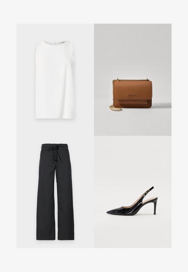 Varrukateta valge topp, mis on valmistatud siledast kangast, ümmarguse kaelusega ja sirge lõikega, taga kinnitusega. Lihtne ja minimalistlik disain.; Tumed hallid laiad püksid, millel on vöökoha lukk nööridega. Valmistatud tekstuurilisest kangast, omades stiilset ja minimalistlikku disaini.; Must hõbedavärvi patendiga slingback kontsakingad terava varbaga, kitsas konts ja peene lõikega disain. Statistika on kuldne pandla rihmal.; Pruun tekstureeritud nahk ristkeha kott kuldse ahelaga rihmaga ja klapiga sulgemine. Esiküljel on logo detail ja tasku klapi all.