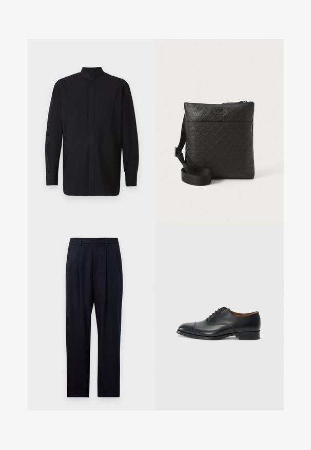 Fekete hosszú ujjú ing magas gallérral, egyenes szabással és minimalista kialakítással. Az anyag simának és strukturáltnak tűnik.; Tengerészkék egyenes szabású nadrág, texturált anyagból, két elülső pliszéval, övhurkokkal és cipzáras záródással.; Fekete bőr dress cipő sima felülettel, lekerekített orral, öt fűzőlyukkal és alacsony blokksarkal. Minimalista dizájn, finom varrásokkal.; Fekete keresztpántos táska textúrált szintetikus anyagból. Cipzárral záródik, állítható pánttal rendelkezik, és a fronthoz domború logó van erősítve.