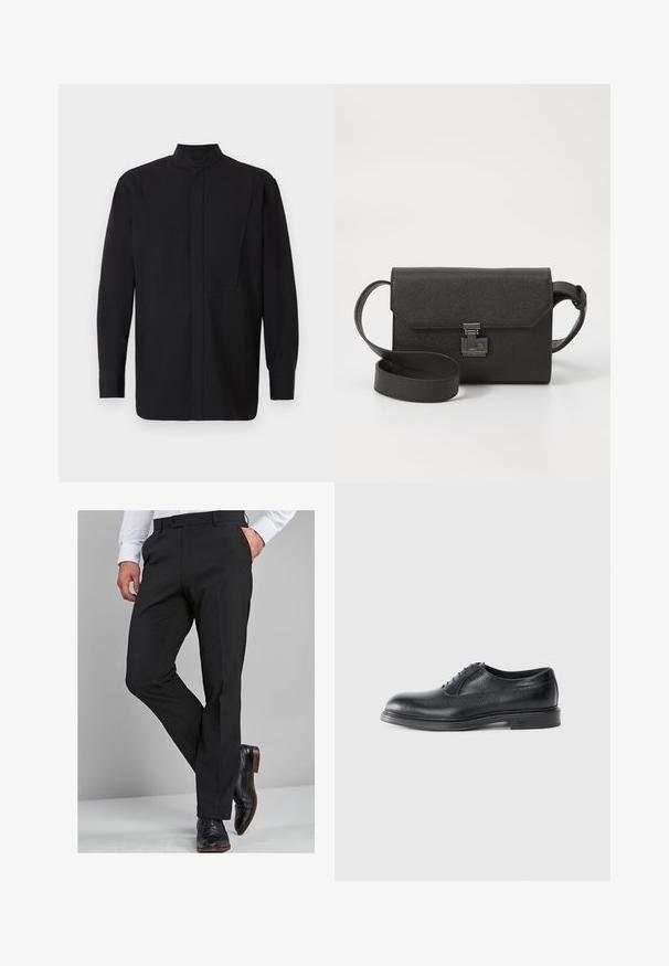 Musta pitkähihaisen paita, jossa on korkeakaulus, suora leikkaus ja minimalistik design. Kangas näyttää sileältä ja ryhdikkäältä.; Mustapuvut, joissa on mukautettu leikkaus, sileä pinta, suorat lahkeet ja vyölenkit, yhdistettynä kiillotettuihin mustiin juhlakengiin.; Musta nahkakengät, joissa on teksturoitu pinta, pyöreä kärki, viisi reikää kengännauhoille ja matala pohja. Tyylissä on hillitty logo kantapäässä.; Musta nahkainen crossover-laukku, jossa on tekstuuripintainen pinta, läppälukitus, metalliosat ja yhteensopiva säädettävä hihna.
