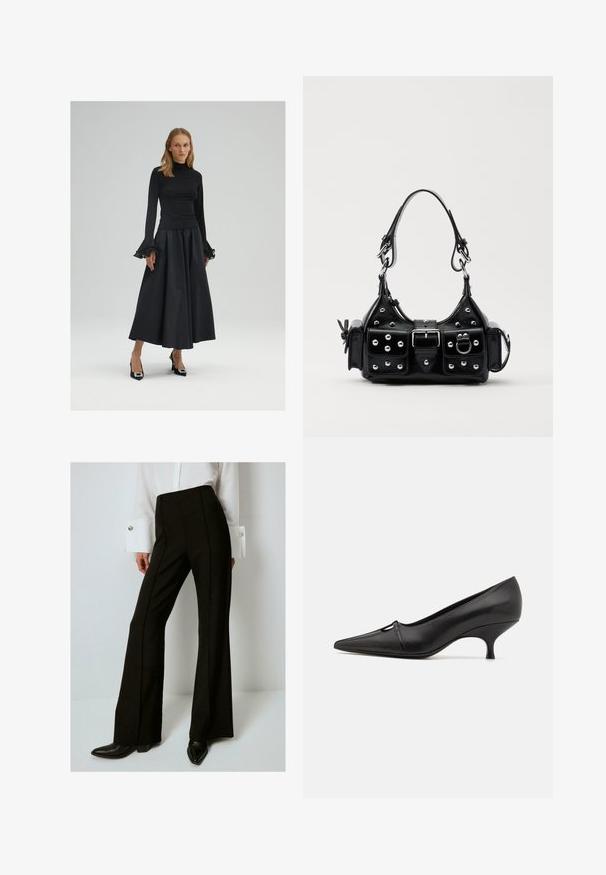 Melnas garām piedurknēm virsdrēbju ar augstu kaklu un platām piedurknēm, apvienota ar plūstošu melnu svārku un melnām augstpapēžu kurpēm ar rotājumiem.; Melnas augsta josta bikses ar platām kājām, ar vertikālām šuvēm, izgatavotas no teksturēta auduma, kombinētas ar garām piedurknēm baltu kreklu.; GIABORGHINI DANA - Klasiski papēži - black; Melnas ādas rokturmais ar izliekumu, ar sudraba iedurtiem, sprādzi un divām sānu kabatām. Regulējams siksniņas garums dažādām nēsāšanas iespējām.