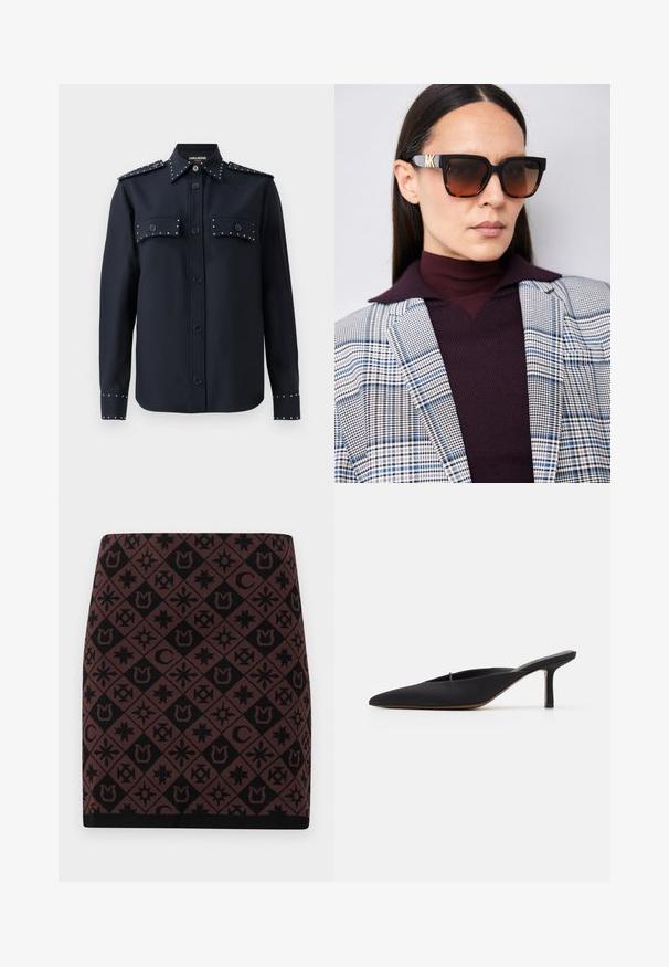Marineblauw shirt met lange mouwen, knoopsluiting en twee voorzakken. Kenmerkt zich door zilveren studs op de zakken en manchetten, gemaakt van een gladde stof.; Gebreide rok met een geometrisch zwart en bruin patroon met verschillende symbolen, een aansluitende vorm en een zwarte tailleband aan de zoom.; Zwarte muiltje met spitse neus en een strak ontwerp, gemaakt van gladde stof, met een slanke hak en open achterkant voor gemakkelijk aan- en uittrekken.; Zwarte zonnebril met schildpadmotief en een geometrisch ontwerp, voorzien van een verloopbruin lenzen en een gouden MK-logo aan de zijkant.