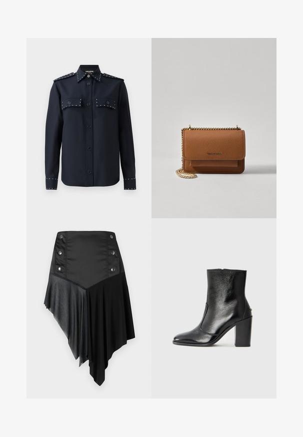 Námořnická košile s dlouhými rukávy, zapínáním na knoflíky a dvěma předními kapsami. Na kapsách a manžetách má stříbrné hroty, je vyrobena z hladké tkaniny.; Černá asymetrická sukně s kombinací matných a texturovaných látek, stříbrné knoflíkové detaily v pase a vrstvený lem.; Černé kožené kotníkové boty s hladkou texturou, špičatou špičkou a robustním vysokým podpatkem. Mají boční otvor a minimalistický design.; Hnědá texturovaná kožená kabelka přes rameno se zlatým řetízkovým popruhem a klopnovým uzavíráním. Přední strana obsahuje detail loga a kapsu pod klopou.