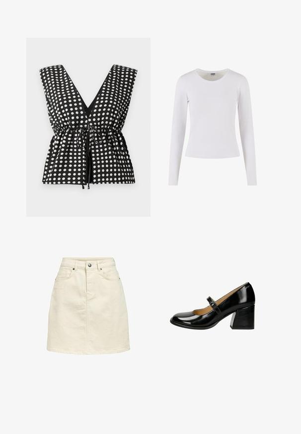 Haut à pois noir et blanc avec un décolleté en V plongeant, sans manches, taille froncée avec un lien ajustable et texture de tissu lisse.; T-shirt blanc à manches longues en coton doux, avec un col rond et une silhouette ajustée, sans motifs ni accents.; Jupe en denim de couleur beige clair, à coupe droite, avec un design à cinq poches, fermeture par bouton et une finition subtilement texturée.; Chaussure Mary Jane en cuir verni noir avec un bout arrondi, une bride à boucle ajustable et un talon épais à surface texturée.