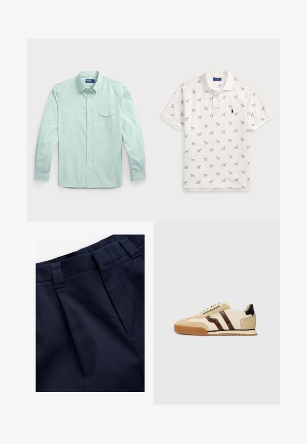 Chemise à manches longues bleu clair, à boutons, avec une poche, présentant un col, des boutons sur le devant et un tissu texturé.; Polo blanc en coton, avec un motif répété de chiens bleus et un petit logo bleu sur la poitrine. Manches courtes et col.; Pantalons plissés navy en tissu lisse et texturé. Présentent une taille plate et des passants de ceinture, conçus pour le confort et l'ajustement.; GANT BAYLLE - Baskets basses - sand