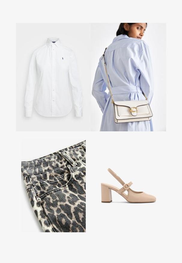 Camasa albă, cu guler punctat, mâneci lungi și un mic logo albastru pe pieptul stâng. Fabricată din material de bumbac.; Material de denim cu imprimeu de leopard, având nuanțe de negru și bej, cu nituri metalice, buzunare cusute și un design al taliei structurat.; Cumpărătură cu toc din piele bej, cu vârf rotund, toc gros și detaliu cu cataramă circulară pe curea. Textură netedă a suprafeței.; Geantă din piele albă cu accesorii aurii, cu un clapetă frontală și margini negre, având o curea din lanț purtată peste umăr, în contrast cu o cămașă de culoare albastru deschis.
