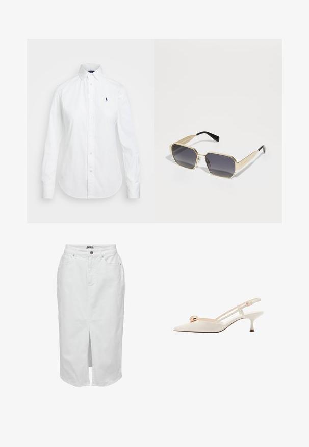 Camicia bianca con colletto a punta, maniche lunghe e un piccolo logo blu sul lato sinistro del petto. Realizzata in tessuto di cotone.; Gonna in denim bianco con uno spacco frontale, vita alta, due tasche laterali e chiusura con bottone. Presenta un'etichetta di marca in vita.; Scarpa slingback color crema con punta allungata, cinturini sottili e un accento dorato sul parte superiore. Presenta un tacco basso e stretto.; Occhiali da sole ottagonali color oro con lenti grigie scure. Punte del tempio in plastica nera e piccoli dettagli in metallo sulla montatura.; Borsa a tracolla in pelle bianca con dettagli in oro, dotata di chiusura a patta e tracolla regolabile e rimovibile. Accento metallico arrotondato al centro.; Singularu DROP - Orecchini - gold-coloured