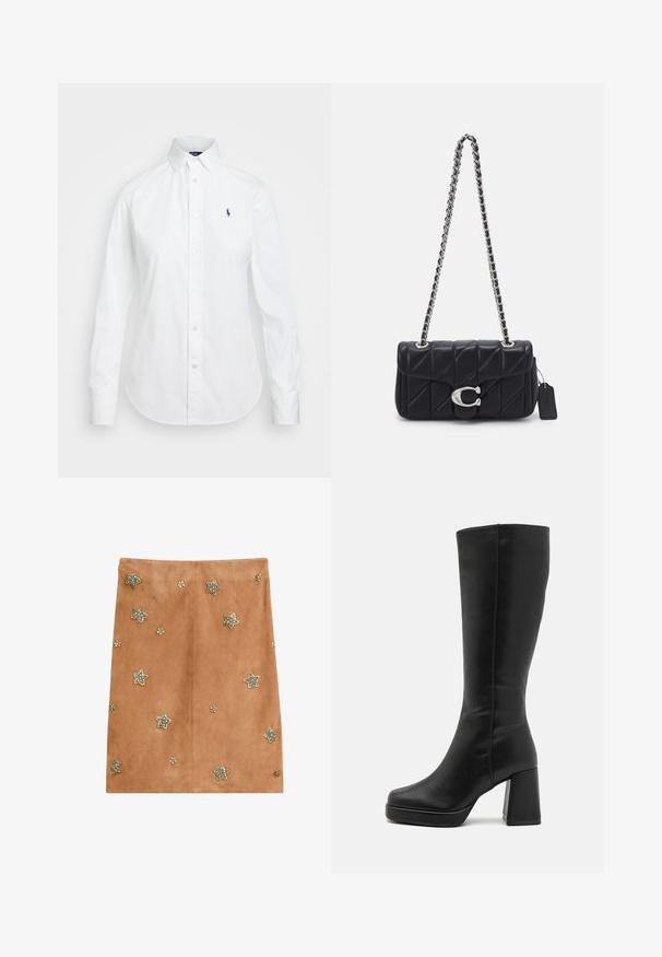 Chemise blanche à boutons avec un col pointu, des manches longues et un petit logo bleu sur la poitrine gauche. Fabriquée en tissu en coton.; Jupe en daim tan avec des embellissements en forme d'étoiles en argent et en or, accompagnés d'accents floraux. Design simple, longueur genoux.; Anna Field Bottes à talons hauts - black; COACH TABBY SHOULDER BAG 20 WITH PILLOW QUILTING - Sac bandoulière - black