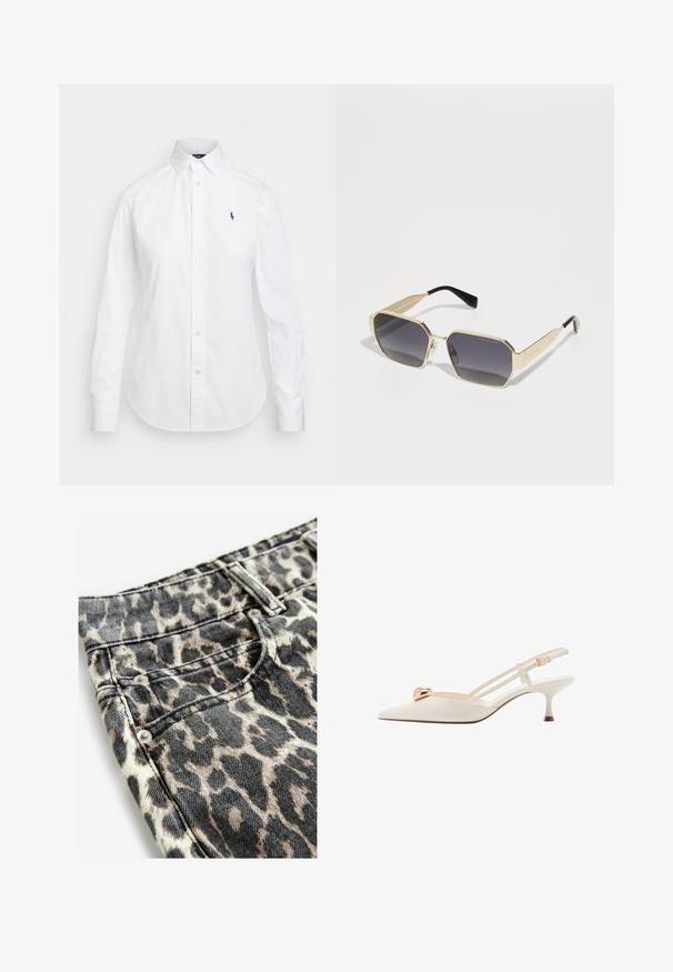 Camicia bianca con colletto a punta, maniche lunghe e un piccolo logo blu sul lato sinistro del petto. Realizzata in tessuto di cotone.; Tessuto denim con stampa leopardata caratterizzato da tonalità nere e beige, rivetti metallici, tasche cucite e un design della vita strutturato.; Scarpa slingback color crema con punta allungata, cinturini sottili e un accento dorato sul parte superiore. Presenta un tacco basso e stretto.; Occhiali da sole ottagonali color oro con lenti grigie scure. Punte del tempio in plastica nera e piccoli dettagli in metallo sulla montatura.; Borsa a tracolla in pelle bianca con dettagli in oro, dotata di chiusura a patta e tracolla regolabile e rimovibile. Accento metallico arrotondato al centro.