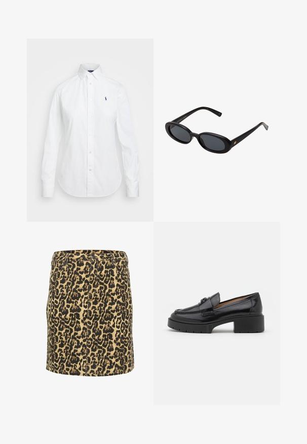 Camasa albă, cu guler punctat, mâneci lungi și un mic logo albastru pe pieptul stâng. Fabricată din material de bumbac.; Fustă din denim cu imprimeu leopard, cu un design mulat, model negru și maro pe un fundal bej deschis, având buzunare frontale și o talie clasică.; Mocasin din piele neagră cu toc mic pătrat, vârf rotunjit, bandă decorativă și detaliu de cusătură texturată pe partea superioară. Finisaj neted.; Ochelari de soare supradimensionați, cu lentile ovale, cadru din plastic neted și accente aurii pe brațe. Lentilele întunecate oferă protecție solară.