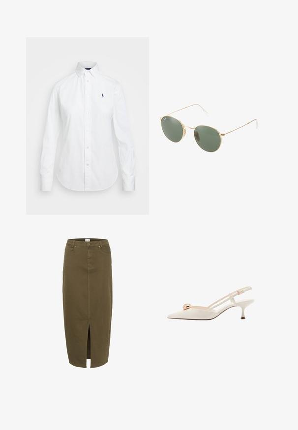 Biała koszula zapinana na guziki z ostro zakończonym kołnierzykiem, długimi rękawami i małym niebieskim logo na lewej stronie klatki piersiowej. Wykonana z bawełnianej tkaniny.; Oliwkowa denimowa spódnica, do kolan, z rozporkiem z przodu, z pętelkami na pasek i dwoma przednimi kieszeniami, z delikatnymi detalami w przeszyciach.; Kremowy but slingback z wąskim noskiem, cienkimi paskami i złotym akcentem na wierzchu. Posiada niski, wąski obcas.; Okulary przeciwsłoneczne w złotej metalowej oprawie z zielonymi soczewkami, o okrągłym kształcie, cienkich zausznikach i białych plastikowych akcentach na końcach ramion.; Biała skórzana torebka z złotymi okuciami, wyposażona w klapę zamykającą oraz odpinany, regulowany pasek. Okrągły metalowy element ozdobny na środku.; Singularu - Kolczyki