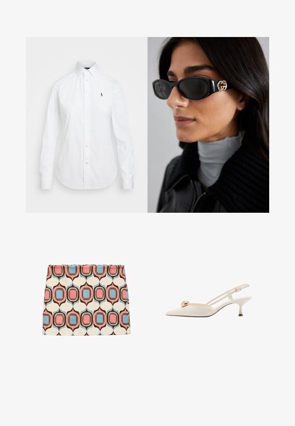 Biela košeľa s gombíkmi a špicatým golierom, dlhými rukávmi a malým modrým logom na ľavej hrudi. Vyrobená z bavlnenej látky.; Štýlová mini sukňa v krémovej farbe so geometrickými tvarmi v ružovej, modrej a hnedej. Hladká tkanina s priliehavým strihom a rovnými okrajmi.; Krémové slingback topánky s špicatou špičkou, tenkými popruhmi a zlatým akcentom na priehlavku. Majú nízky, úzky podpätok.; Čierne slnečné okuliare s elegantným obdĺžnikovým rámom a zlatým logom na boku. Tmavé šošovky a lesklý povrch sú výrazné.; Biela kožená kabelka so zlatými kovovými doplnkami, vybavená klopou a odnímateľným, nastaviteľným remienkom. V strede zaoblený kovový detail.