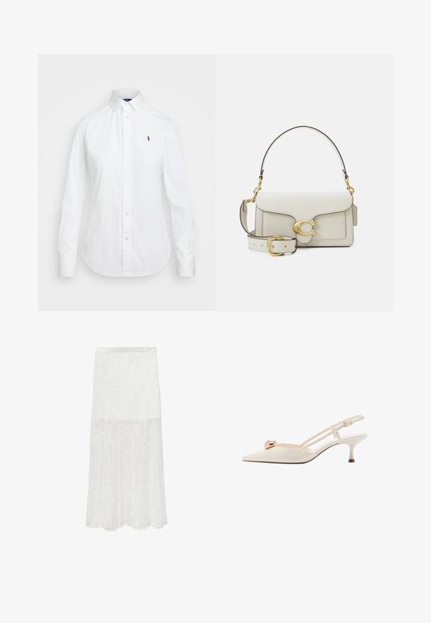 Camasa albă, cu guler punctat, mâneci lungi și un mic logo albastru pe pieptul stâng. Fabricată din material de bumbac.; Fustă lungă din dantelă albă, cu modele florale subtile, textură semi-transparentă și siluetă A-line. Talie elastică pentru confort.; Pantof cu toc slingback de culoare crem, cu vârful ascuțit, curele subțiri și un accent auriu pe partea din față. Dispune de un toc jos și îngust.; Geantă de mână din piele albă cu un sistem de închidere din metal auriu, accente negre, curea de umăr detașabilă și un design structurat cu închidere tip clapetă.