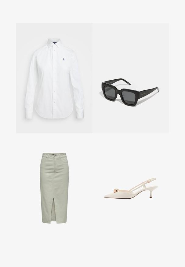 Witte button-up shirt met een puntige kraag, lange mouwen en een klein blauw logo op de linkerborst. Gemaakt van katoen.; Lichtgroene denim midi rok met een voorkeursplit, vijf-pocket ontwerp, riemlussen en een enkele knoopsluiting. Glad oppervlak en aansluitende silhouet.; Crème-kleurige slingback schoen met een spitse neus, dunne banden en een gouden accent op de wreef. Heeft een lage, smalle hak.; Zwarte vierkante zonnebril met donkere lenzen, een dik plastic montuur en slanke pootjes. Bevat subtiele branding aan de zijkant.; Witte leren schoudertas met een gouden sluiting, met een gestructureerd ontwerp, contrasterende randen en een dunne verstelbare schouderband.