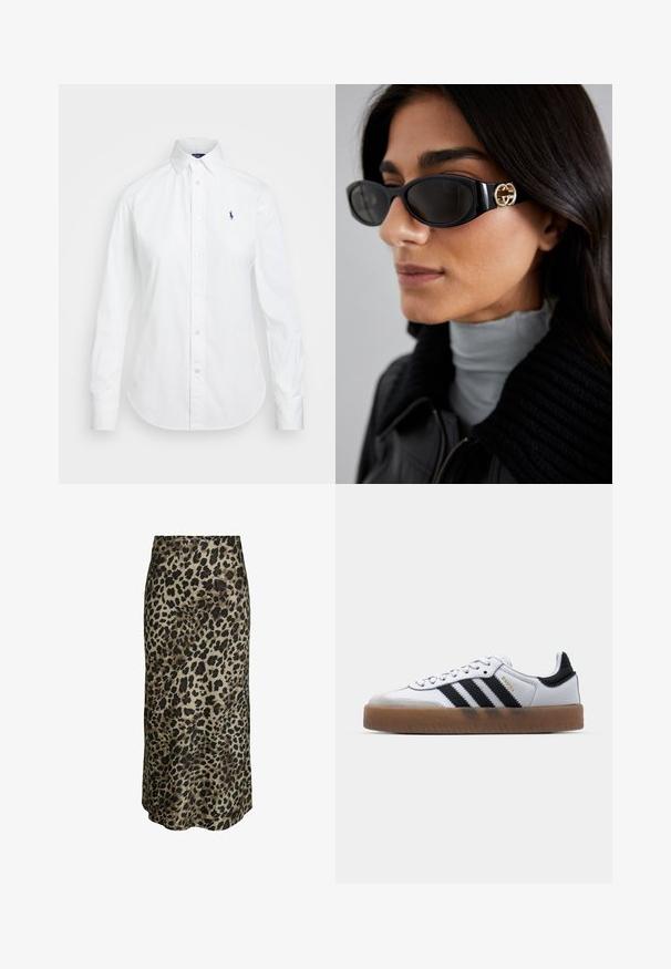 White button-up shirt with a pointed collar, long sleeves, and a small blue logo on the left chest. Crafted from cotton fabric.; Leopard print midi skirt in a silky fabric. Features a smooth texture, neutral beige background with deep brown and black spots.; White leather sneakers with black stripes, gum rubber outsole, round toe, lace-up closure, and soft gray suede toe cap.; Black sunglasses featuring a sleek rectangular frame with a gold logo accent on the side. Dark lenses and glossy finish are prominent.; White leather handbag with a gold-tone clasp, black accents, a detachable shoulder strap, and a structured design with a flap closure.