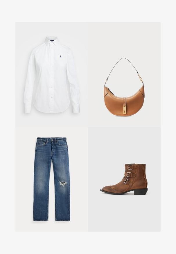 Camasa albă, cu guler punctat, mâneci lungi și un mic logo albastru pe pieptul stâng. Fabricată din material de bumbac.; Jeans bleumarin din denim cu talie medie, cinci buzunare și o ruptură desfăcută la genunchiul drept.; Cizme de gleznă din piele maro, cu trei catarame argintii, vârf ascuțit și cusături decorative pe laterale. Toc mic de tip bloc.; Geantă de piele bej cu o formă curbată, accesorii din aur și o curea subțire pentru umăr. Are un închizător cu fermoar și detalii cu logo pe față.