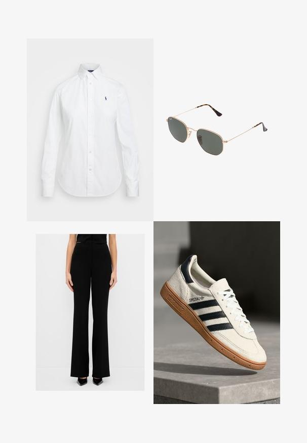 Hvid skjorte med knapper, spids krave, lange ærmer og et lille blåt logo på venstre bryst. Fremstillet af bomuldsstof.; Svarte bredbente bukser med høj talje, designet i et glat stof. Har en ren silhuet og passer godt til forskellige toppe.; Hvide ruskinds sneakers med marineblå striber, gummisål, struktureret overdel, rund tå og snøring; har branding på siden og tungen.; Guldmetallisk brille med mørkegrønne linser, aviator-stil, med slanke arme og skildpadde-mønstrede detaljer på spidserne.; COACH TABBY SHOULDER BAG 26 - Håndtasker - dark stone