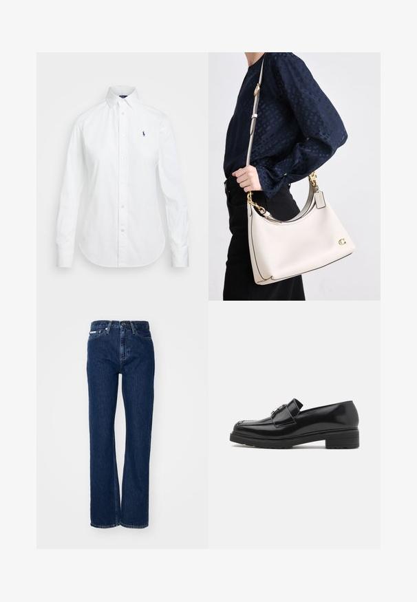 Camicia bianca con colletto a punta, maniche lunghe e un piccolo logo blu sul lato sinistro del petto. Realizzata in tessuto di cotone.; Jeans in denim blu scuro con gamba dritta, chiusura con bottone e cinque tasche. Il tessuto ha una leggera texture con dettagli di cucitura sottili.; Mocassini in pelle verniciata nera con punta arrotondata, fascia decorativa e dettaglio in metallo argentato sulla parte anteriore. Tacco quadrato e suola texturizzata.; Una borsa a tracolla in pelle beige con bordi scuri, una silhouette curva, accessori dorati e una tracolla removibile, tenuta di lato contro un abbigliamento scuro.