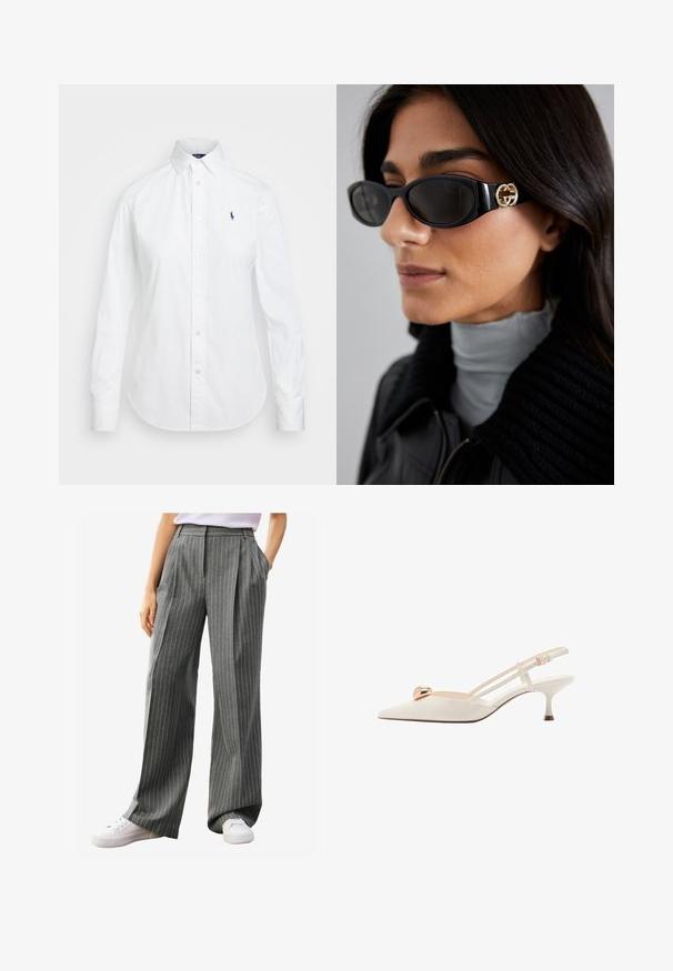 Bijela košulja s dugim rukavima, uskim ovratnikom i malim plavim logom na lijevoj strani prsnog dijela. Izrađena od pamučne tkanine.; Sive prugaste hlače širokih nogavica s plisama, koje imaju mekanu teksturu i bočne džepove, uparene s bijelim tenisicama.; Cipele slingback boje kreme s šiljastim vrhom, tankim trakama i zlatnim detaljem na prednjem dijelu. Imaju nisku, usku petu.; Crne sunčane naočale sa elegantnim pravokutnim okvirom i zlatnim logotipom na strani. Tamna stakla i sjajni finiš su istaknuti.; Siva teksturirana torba s naglaskom na podstavljenom ručku, mrežastim detaljima, podesivim remenom i prednjim kopčanjem. Kompaktni dizajn s zaobljenim oblikom.