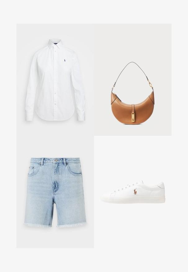 White button-up shirt with a pointed collar, long sleeves, and a small blue logo on the left chest. Crafted from cotton fabric.; Light blue denim shorts with a frayed hem, classic five-pocket design, and a front button closure. Fabric appears soft with a slight texture.; White leather sneakers, low-top design, featuring a smooth texture, round toe, laced front, and a small embroidered logo on the side.; Tan leather handbag with a curved shape, gold hardware, and a thin shoulder strap. Features a zipper closure and logo detail on the front.