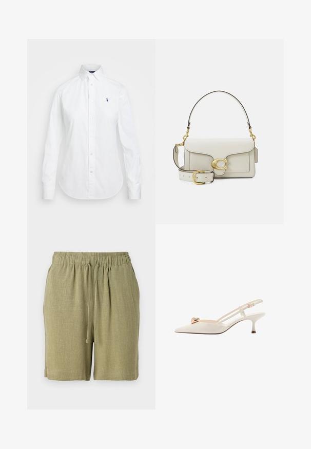 Biała koszula zapinana na guziki z ostro zakończonym kołnierzykiem, długimi rękawami i małym niebieskim logo na lewej stronie klatki piersiowej. Wykonana z bawełnianej tkaniny.; Szorty w kolorze oliwkowym wykonane z teksturowanej, przewiewnej tkaniny. Posiadają elastyczny pas i sznurek do regulacji dopasowania.; Kremowy but slingback z wąskim noskiem, cienkimi paskami i złotym akcentem na wierzchu. Posiada niski, wąski obcas.; Biała skórzana torebka z zapięciem w złotym odcieniu, czarnymi akcentami, odczepianym paskiem na ramię oraz usztywnioną konstrukcją z klapką.; Singularu - Kolczyki