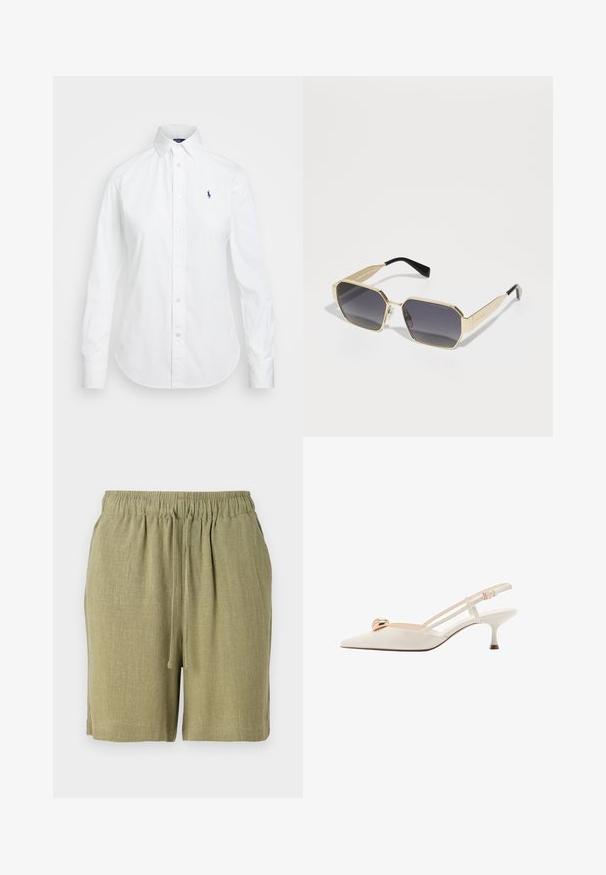 Biała koszula zapinana na guziki z ostro zakończonym kołnierzykiem, długimi rękawami i małym niebieskim logo na lewej stronie klatki piersiowej. Wykonana z bawełnianej tkaniny.; Szorty w kolorze oliwkowym wykonane z teksturowanej, przewiewnej tkaniny. Posiadają elastyczny pas i sznurek do regulacji dopasowania.; Kremowy but slingback z wąskim noskiem, cienkimi paskami i złotym akcentem na wierzchu. Posiada niski, wąski obcas.; Okularniki w kolorze złota o ośmiokątnym kształcie z ciemnoszarymi soczewkami. Czarne plastikowe końcówki zauszników oraz drobne metalowe akcenty na oprawce.; Biała skórzana torebka z zapięciem w złotym odcieniu, czarnymi akcentami, odczepianym paskiem na ramię oraz usztywnioną konstrukcją z klapką.; Singularu - Kolczyki