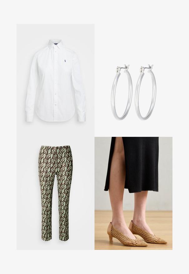Bela srajca s pokončnim ovratnikom, dolgimi rokavi in malim modrim logotipom na levi prsni strani. Izdelana iz bombažnega materiala.; Rjave in zelene hlače s patternom listov, oprijete kroja, z gladko teksturo in brez vidnih zaponk ali žepov.; Čevlji s koničastim nosom, z wovanim zlatim mrežastim zgornjim delom, bež usnjenim zadnjim delom in nizko peto, postavljeni proti lesenemu podu in črni rebrasti obleki.; Srebrni obroči za ušesa z gladko, polirano površino. Okrogla oblika in varna zaponka s klikom. Lahka zasnova, primerna za vsakodnevno nošenje.