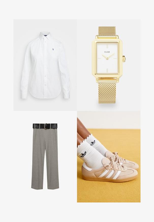White button-up shirt with a pointed collar, long sleeves, and a small blue logo on the left chest. Crafted from cotton fabric.; Gray tailored trousers made of smooth fabric, featuring a wide-leg design, and a black belt with a silver round buckle.; Beige leather sneakers with white stripes and gold branding, paired with white ruffled socks featuring a black logo. Textured gum sole.; Gold rectangular watch with a white face, minimalist hour markers, and a mesh metal band. Features a side crown for adjusting time.