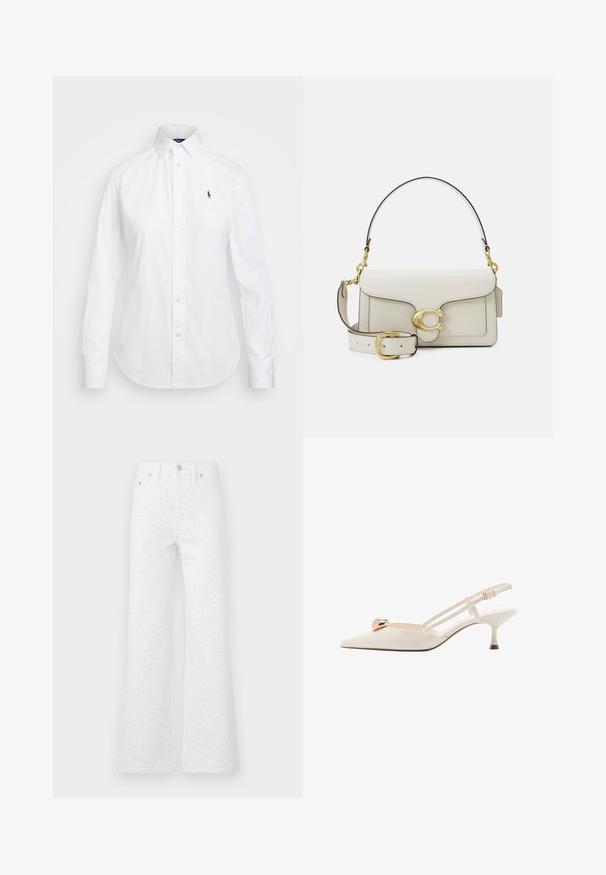 Bijela košulja s dugim rukavima, uskim ovratnikom i malim plavim logom na lijevoj strani prsnog dijela. Izrađena od pamučne tkanine.; Bijele traperice s rasplamsanim krojem od teksturiranog materijala s crnim točkicama. Dizajn s pet džepova s prednjim kopčanjem na dugme i patentni zatvarač.; Cipele slingback boje kreme s šiljastim vrhom, tankim trakama i zlatnim detaljem na prednjem dijelu. Imaju nisku, usku petu.; Bijela kožna torba sa zlatnim kopčama, s preklopnim zatvaranjem i podesivim, odvojivim remenom. Zaobljeni metalni detalj u sredini.