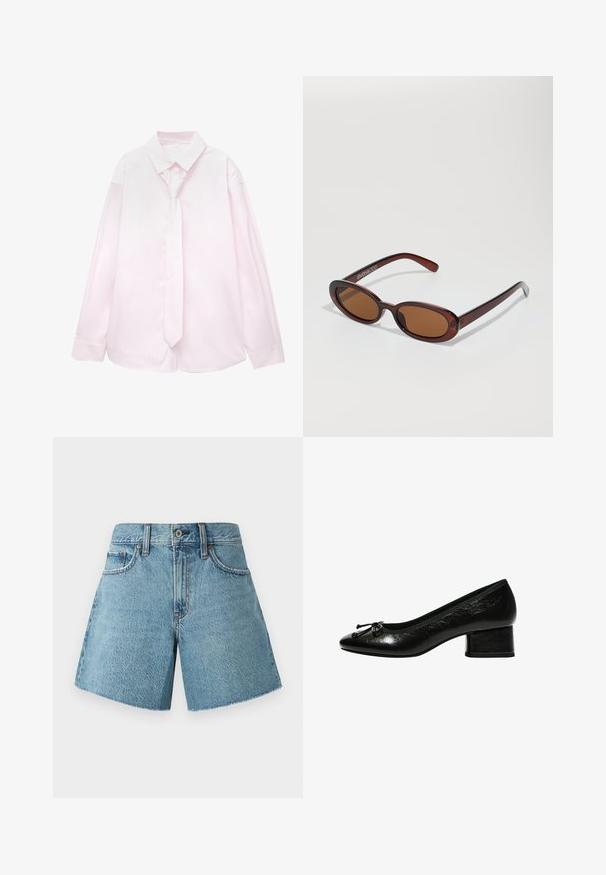 Vaaleanpunainen pitkähihainen paita, jossa on valkoisia pystyraitoja ja siihen sopiva solmio. Sileä pinta, napillinen kaulus ja hihansuissa napit.; Vaaleansiniset farkkushortsit, joissa on korkea vyötärö, viisi taskua ja raaka helma. Valmistettu tekstuurisesta puuvillakankaasta klassisella muotoilulla.; Musta kiiltävä nahka korkokenkä, jossa on pyöreä kärki, pieni lohkokorko ja nauhakoriste edessä. Sileä pinta kiiltävällä viimeistelyllä.; Pyöreät, ruskehtavat aurinkolasit, joissa on kiiltävä burgundinpunainen runko. Kapeat sivut, joissa on hienovarainen brändäys. Litteät linssit.; Ruskean kudottu nahkainen käsilaukku, jolla on löysä, kolmiomainen muoto. Varustettu punotulla kahvalla ja vetoketjukiinnityksellä ylhäällä.