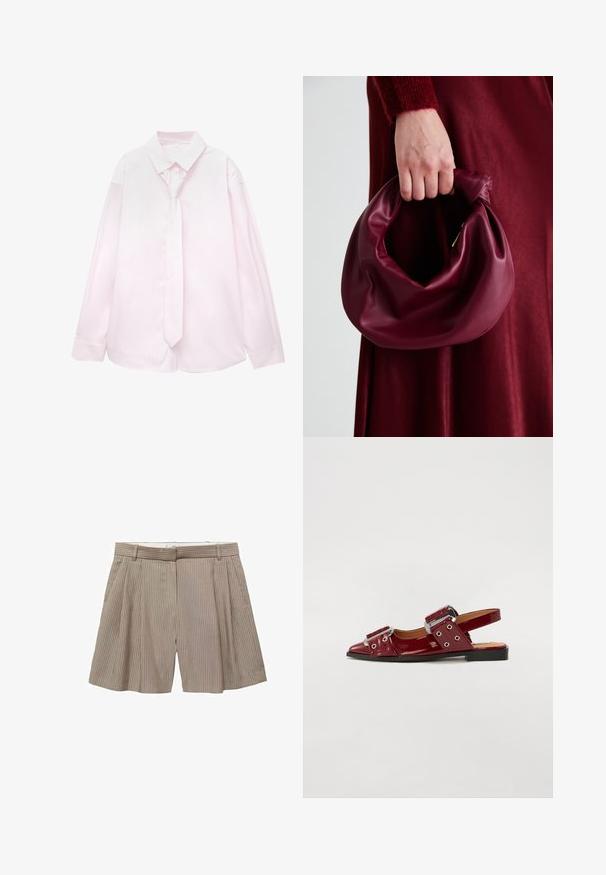 Svijetloljubičasta košulja dugih rukava s bijelim vertikalnim prugama i odgovarajućom kravatom. Glatka tekstura, ovratnik na dugme i rukavi s manžetama.; Bež kratke hlače s plitkim naborima izrađene od tkanine s vertikalnim prugama. Imaju pojas s petljama za remen i ravnomjerni kroj.; Burgundske cipele od patenta sa otvorenom petom i špicastim vrhom, s dva podesiva remena sa kopčama i srebrnim detaljima.; Bordo kožni ruksač s mekim, naboranim dizajnom i zaobljenim oblikom. Ručka je sigurno pričvršćena, pokazujući glatku teksturu.