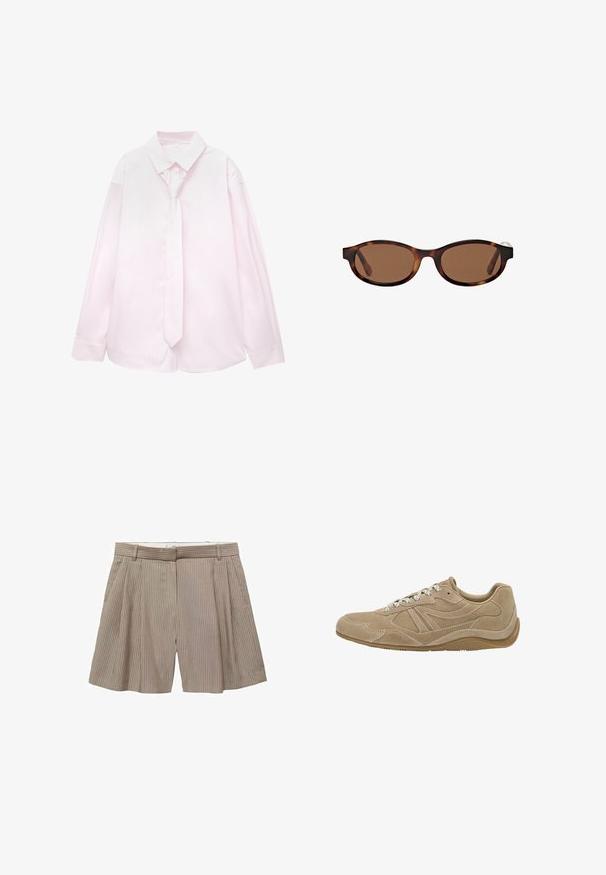 Jasnoróżowa koszula z długim rękawem w białe pionowe paski oraz pasujący krawat. Gładka faktura, kołnierzyk zapinany na guziki i mankiety z guzikami.; Beżowe szorty z plisami wykonane z materiału w pionowe prążki. Posiadają pasek w talii z szlufkami oraz prosty krój.; Beżowe zamszowe sneakersy o niskim profilu, teksturowanej powierzchni i białych sznurowadłach. Posiadają zaokrąglony kształt i gumową podeszwę zapewniającą przyczepność.; Brązowe okulary przeciwsłoneczne z owalnymi oprawkami, z wzorem w musztardowe cętki i szerokimi ramionami. Gładka tekstura i subtelny detal logo z boku.; Brązowa pleciona torba na ramię ze skórzanym wykończeniem, z dwoma uchwytami, o usztywnionym kształcie i teksturowanej powierzchni, z charakterystycznym wzorem w diamenty.