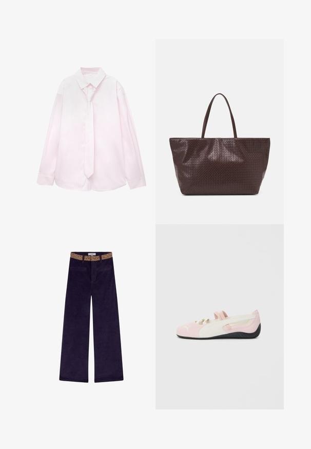 Light pink long-sleeve shirt with white vertical stripes and a matching tie. Smooth texture, button-down collar, and cuffed sleeves.; Wide-leg corduroy pants in deep purple with a patterned waistband, featuring front pockets and orange stitching accents.; Pink suede slip-on shoe with white accents, rubber sole, and elastic straps. Features a textured design and a small logo on the front.; Brown woven leather tote bag with two handles, a structured shape, and a textured surface, featuring a diamond pattern throughout.