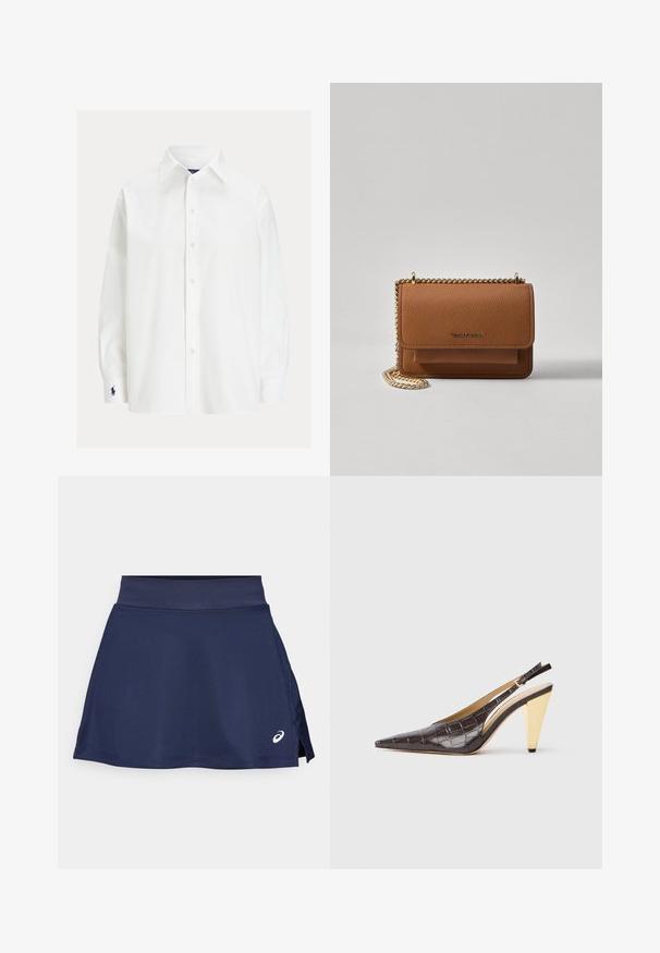 Chemise blanche à manches longues avec un col classique, une fermeture à boutons et un petit logo brodé sur le poignet. Tissu en coton lisse avec une texture uniforme.; Jupe de sport navy en tissu lisse, dotée d'une large taille élastique et de fentes latérales pour la mobilité. Petit logo blanc à l'avant.; Talons slingback à bout pointu en simili cuir crocodile marron foncé brillant. Présente un talon géométrique doré et une sangle ajustable à la cheville.; Sac en cuir texturé marron en bandoulière avec une sangle en chaîne dorée et une fermeture à rabat. L'avant présente un détail de logo et une poche sous le rabat.