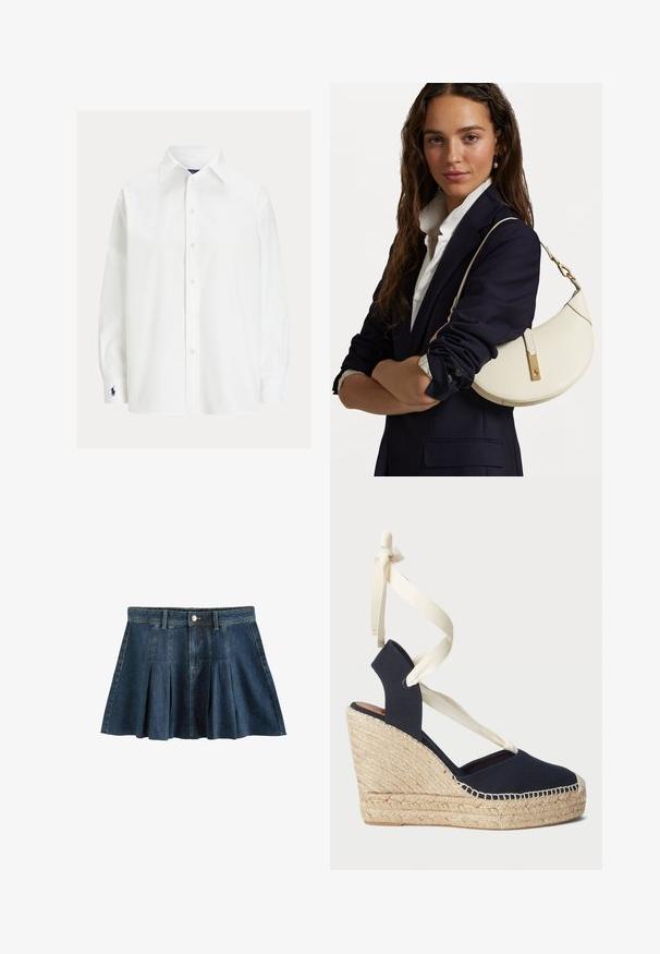 Fehér, hosszú ujjú ing klasszikus gallérral, gombos záródással és kisebb hímzett logóval az ujjnál. Sima pamut anyag, egyszerű textúrával.; Next REGULAR FIT - Miniszoknya - dark blue; Tengerészkék vászon wedge szandál espadrille kötésű talppal és krém színű szalagos megkötővel a bokán. Zárt sarokkal és kerek orral rendelkezik.; Fehér bőr táska ívelt formával, arany kiegészítőkkel és texturált felülettel, sötét zakó és fehér ing fölött viselve.