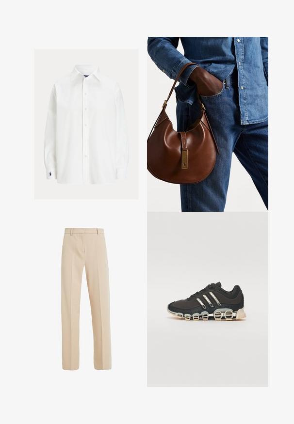 Camisa blanca de manga larga con cuello clásico, cierre de botones y un pequeño logo bordado en el puño. Tela de algodón suave con una textura lisa.; Pantalones beige ajustados, elaborados en una tela suave, con corte recto, bolsillos laterales y pliegues en la parte delantera.; Zapatilla deportiva negra con parte superior texturizada, tres rayas plateadas y una suela de amortiguación distintiva que presenta múltiples secciones integradas.; Bolso hobo de cuero marrón con forma redondeada, que cuenta con un acento de hardware dorado y costuras en contraste. Combinado con una camisa de mezclilla y vaqueros.