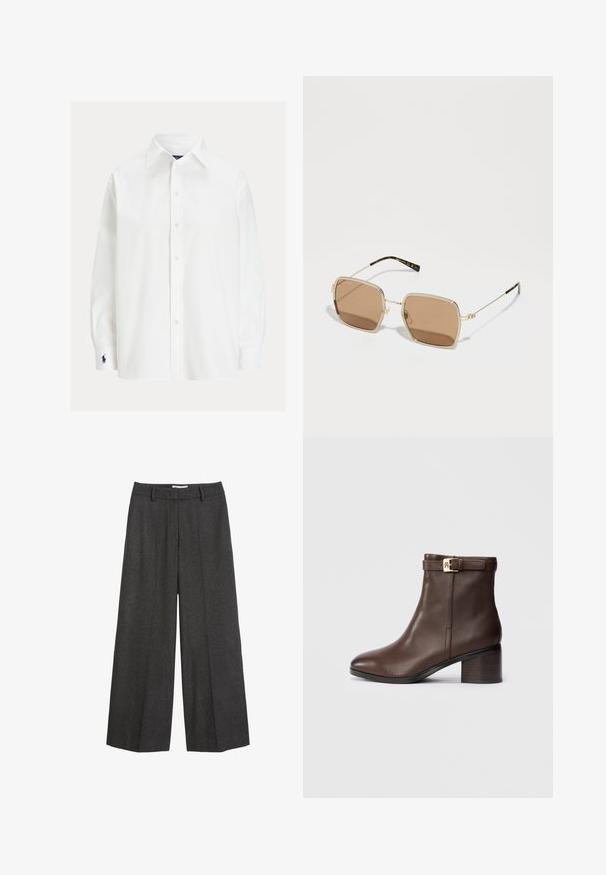 White long-sleeve shirt with a classic collar, button closure, and a small embroidered logo on the cuff. Smooth cotton fabric with a plain texture.; Wide-leg trousers in dark gray fabric. Features a tailored waistband with belt loops, smooth texture, and minimal stitching accents.; Brown leather ankle boot with a rounded toe, low block heel, and a decorative buckle strap at the ankle. Smooth texture and sleek design.; Gold metal sunglasses with a square shape, brown tinted lenses, and subtle green and red accents on the frame. Thin, sleek arms.; Tommy Hilfiger CASUAL SHOULDER BAG - Handbag - coastal taupe